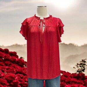 Willow Root Red Ruffle Sleeve Boho Peasant Top L Feminine Romantic Coquette Airy